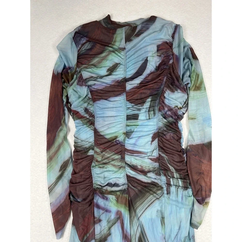 By Anthropologie Long-Sleeve Blue‎ Printed Mesh Ruched Midi Bodycon Dress Size L